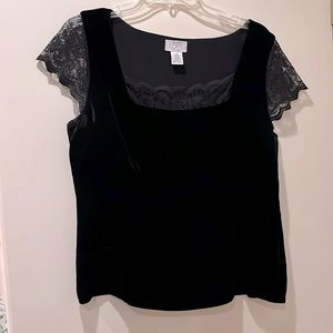 Ann Taylor Loft black velvet top with lace cap sleeves and bodice trim.